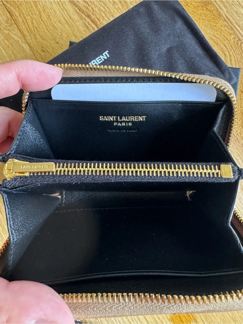 Saint Laurent Quilted Leather Zip Card Wallet in Taupe with Gold YSL - Picture 5 of 5